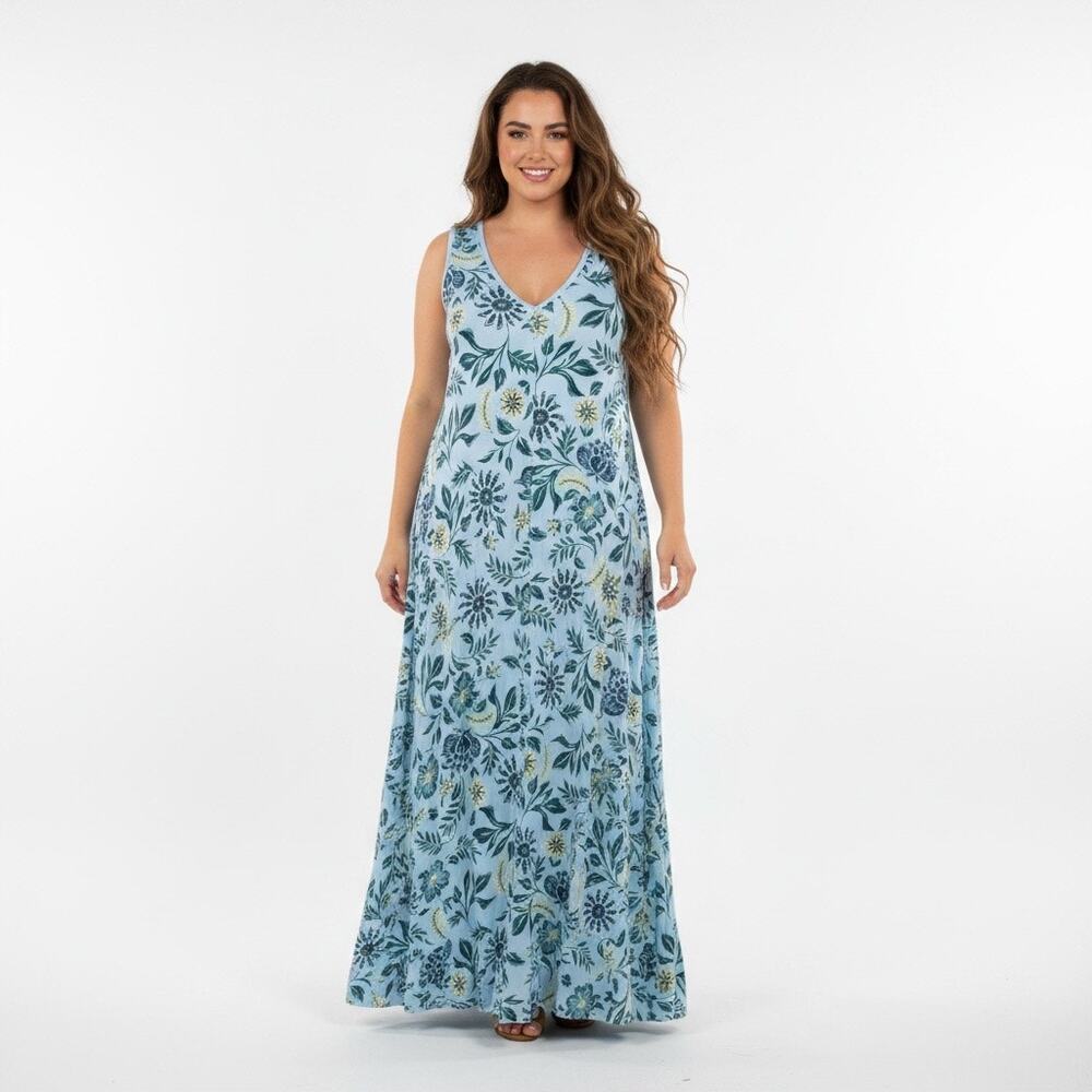 Coldwater Creek Floral Maxi Dress 2X Blue Sleeveless V Neck Vacation Resort